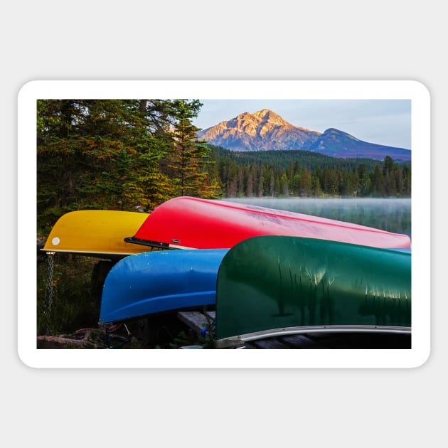 Canoes on Cavell Lake Jasper National Park Alberta Canada Pyramid Mountain Sticker by WayneOxfordPh